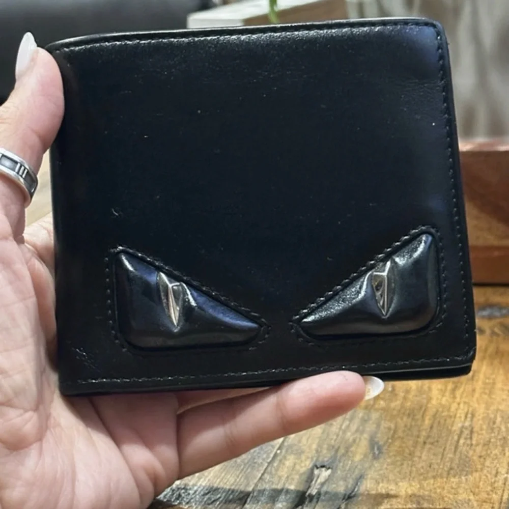 Authentic Fendi Bag Bugs Monster Eyes Black Leather Bifold Wallet with Box